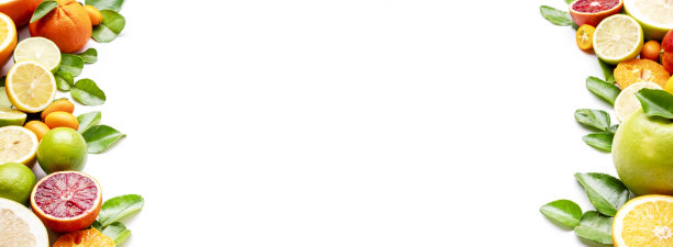 五颜六色的柑橘类水果，食物背景，俯视图。混合不同的水果:橙子，葡萄柚，柠檬，酸橙和其他有叶子的白色桌子。俯视图，复制空间横幅图片下载