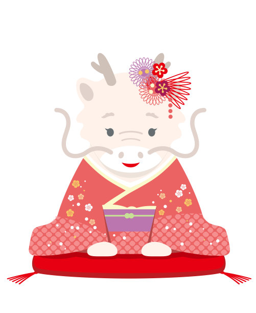龙年矢量吉祥物穿着日本和服，献上她的新年祝福。图片下载