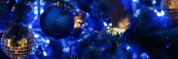 蓝色圣诞树横幅与迪斯科球，原来的新年云杉图片下载