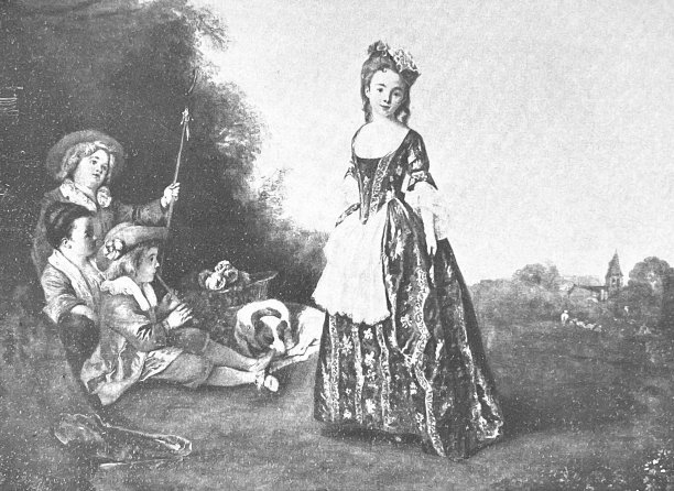 年轻的公主在草地上，乐师在她身边图片下载