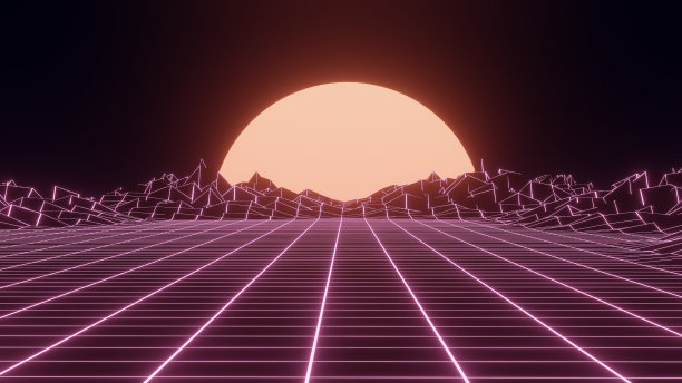 技术透视网格配以山地复古景观背景。未来的网络表面80 - 90年代风格。网格上的彩色背景与明亮的太阳。3 d渲染。图片下载