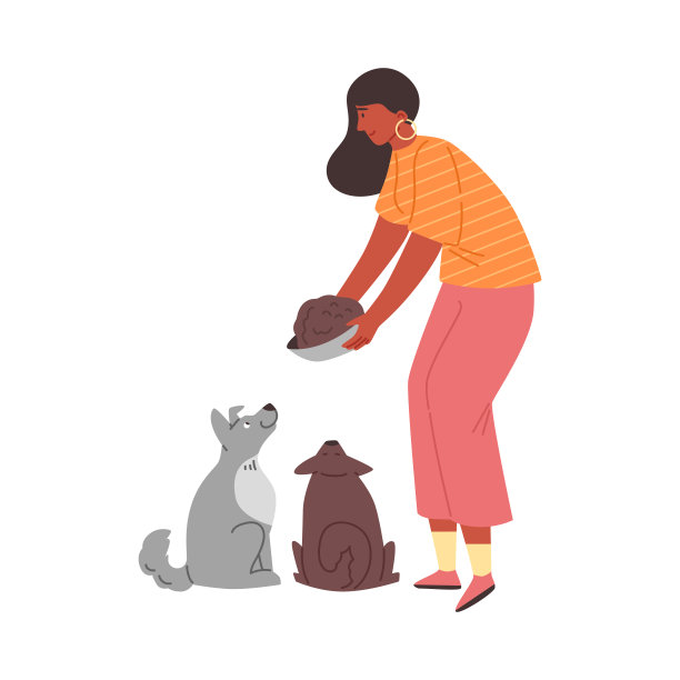 微笑的女人喂狗平坦的风格，矢量插图图片下载