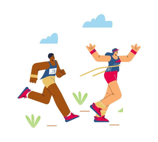 跑步的女人超过一个男人在马拉松比赛矢量插图孤立。图片下载