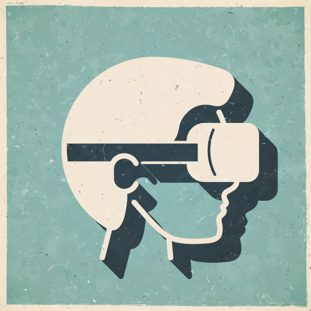 戴着VR头显的人-虚拟现实。图标复古复古风格-旧纹理纸图片下载