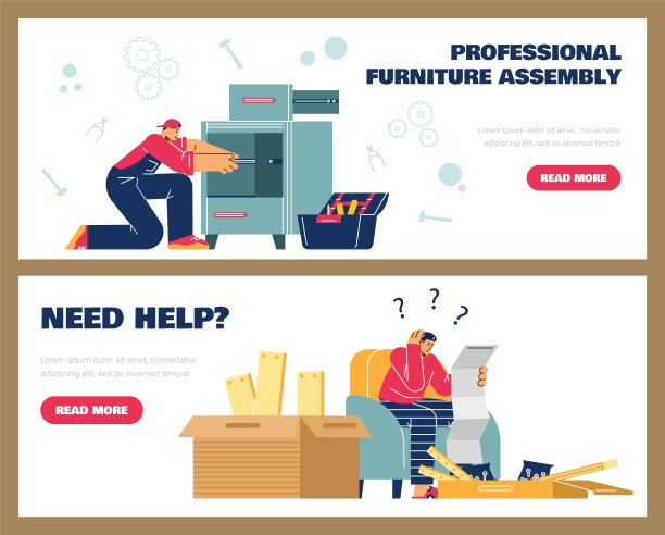 矢量传单套家具组装服务，卡通工人组装马桶，男子困惑的组装手册图片下载