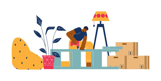 男子组装家具在家里，平面矢量插图孤立的白色背景。勤杂工用钻头安装架子。搬家的概念。图片下载