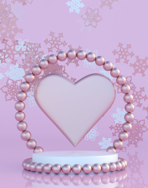 3D新年粉彩粉红色工作室讲台与珍珠拱门，心形和雪花。图片下载