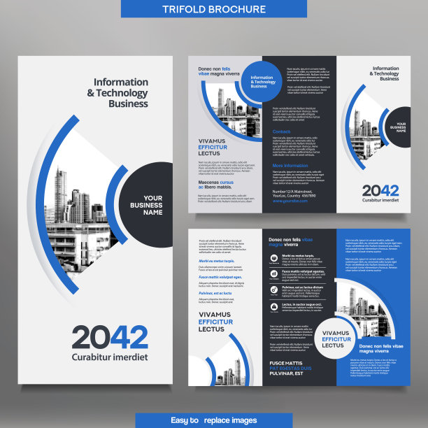 商业宣传册模板在三折叠布局。企业设计单张，可更换形象。图片下载