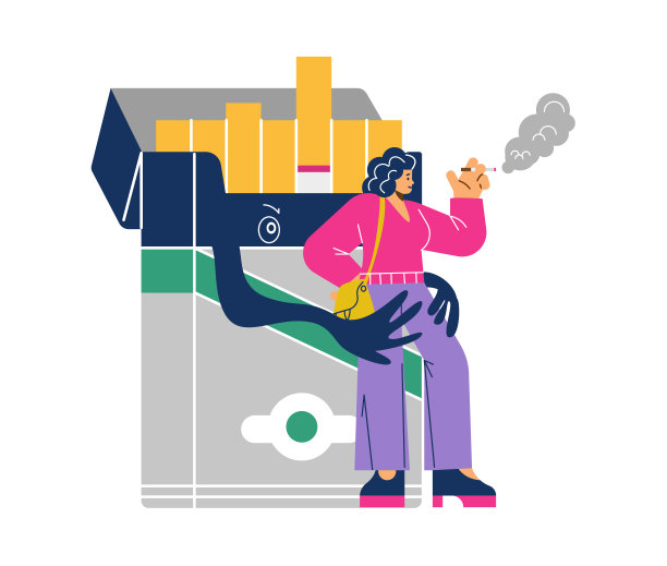 巨大的一包香烟拥抱吸烟的女人扁平风格，矢量插图图片下载