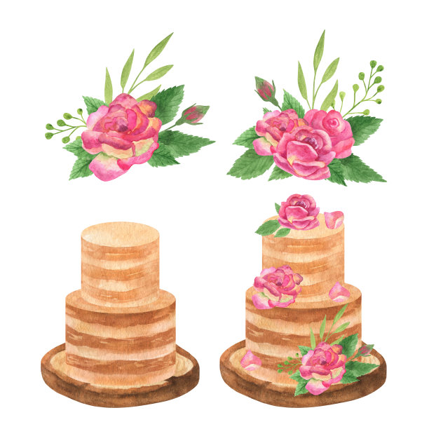 经典分层蛋糕与玫瑰安排，婚礼浪漫剪贴画图片下载