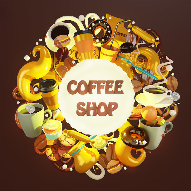 咖啡店。有很多背景物体。3d咖啡杯。咖啡外带。图片下载