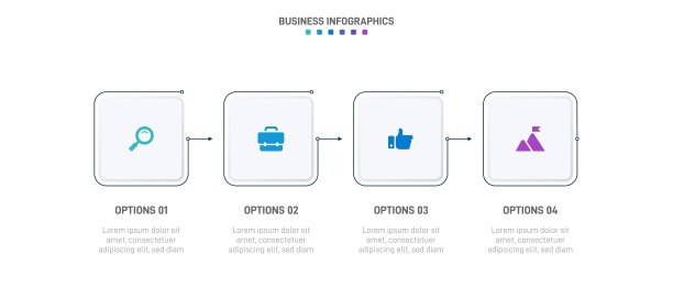 时间线信息图与信息图表。具有4种业务流程的现代表示模板。网站模板白色背景的概念现代设计。横向布局。图片下载