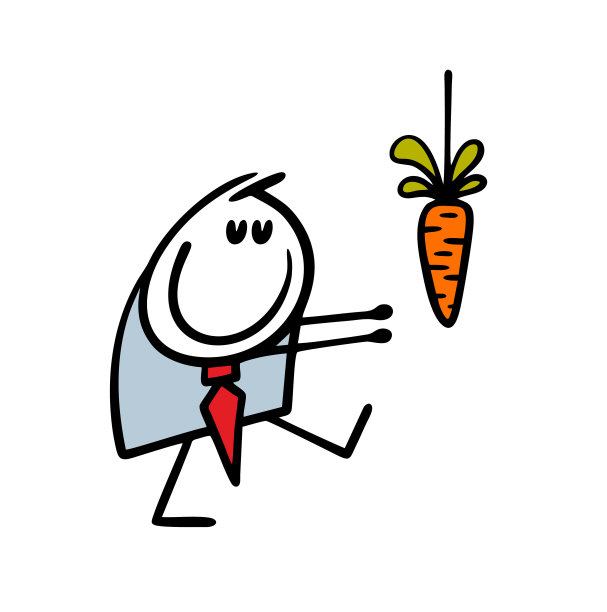 被催眠的棍子商人跟着胡萝卜走，满足别人的欲望。矢量插图的一个人和一个虚假的目标。图片下载