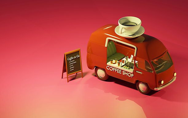 3D咖啡车，一杯咖啡。咖啡外带。文本空间。图片下载