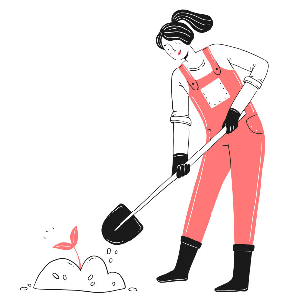 一个年轻的快乐的女园丁在地面上以线性的方式种植幼苗。种植幼苗。孤立的花园插图。图片下载