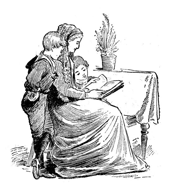 古色古香的儿童读物插图:女人读给孩子听图片下载