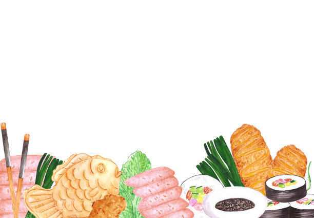 手绘水彩韩国街头食品框架边界孤立的白色背景。可用于标签、条幅、明信片等印刷品。图片下载