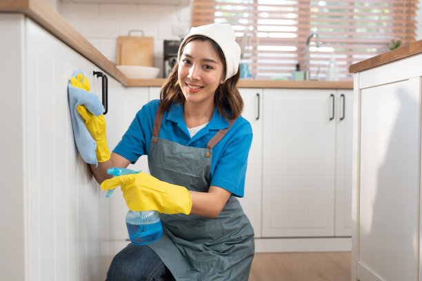 亚洲女工在家里的厨房里拿着瓶子喷雾，用超细纤维布擦拭图片下载