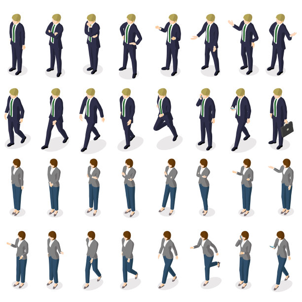 一个商人和女商人的等距动作和姿势图片下载