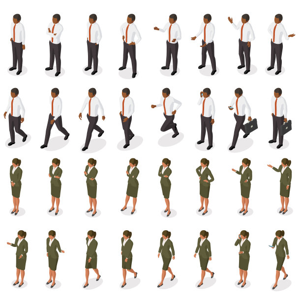 一个商人和女商人的等距动作和姿势图片下载