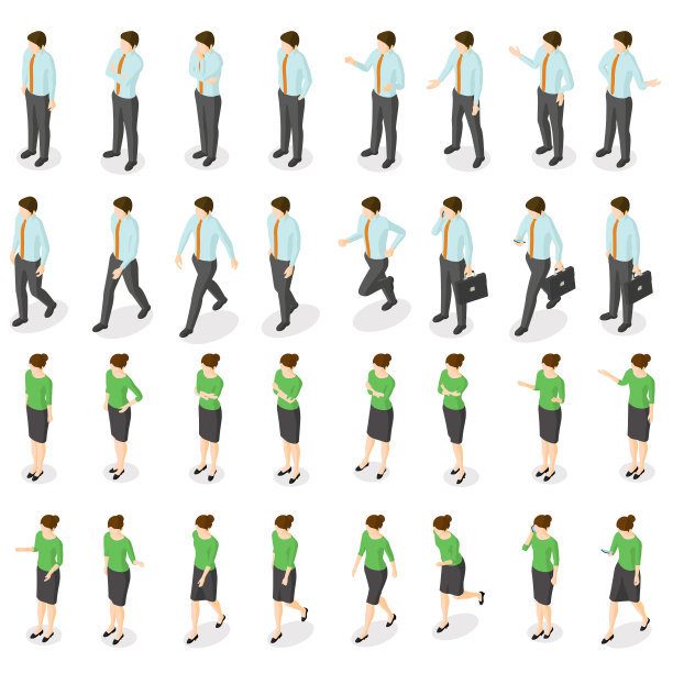 一个商人和女商人的等距动作和姿势图片下载