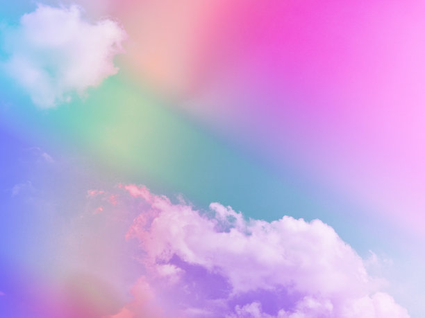 美丽甜美，粉嫩，绿色，五彩缤纷，天空中有蓬松的云。多色彩虹图像。抽象幻想生长之光图片下载