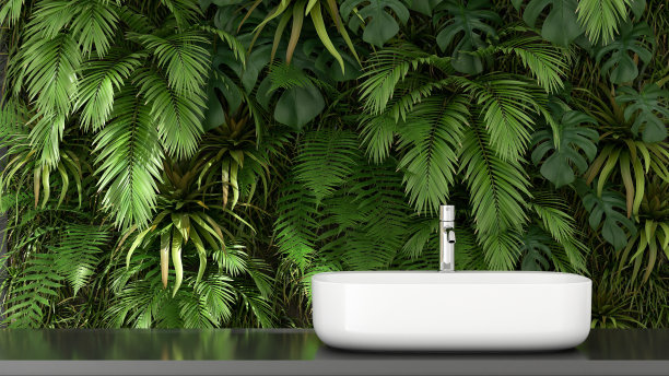 浴室室内设计热带花园墙多种植物黑色大理石台面现代洗手盆绿色建筑设计现代风格。3D渲染图片下载