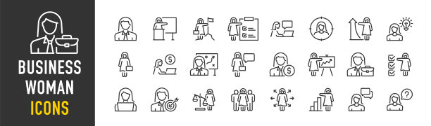 在线风格的女商人网页图标。权势女性，事业，成功，生意，收藏。矢量插图。图片下载
