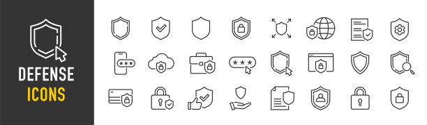 在线样式的防御网页图标。安全、保护、钥匙、密码、密码、保险箱、收藏。矢量插图。图片下载