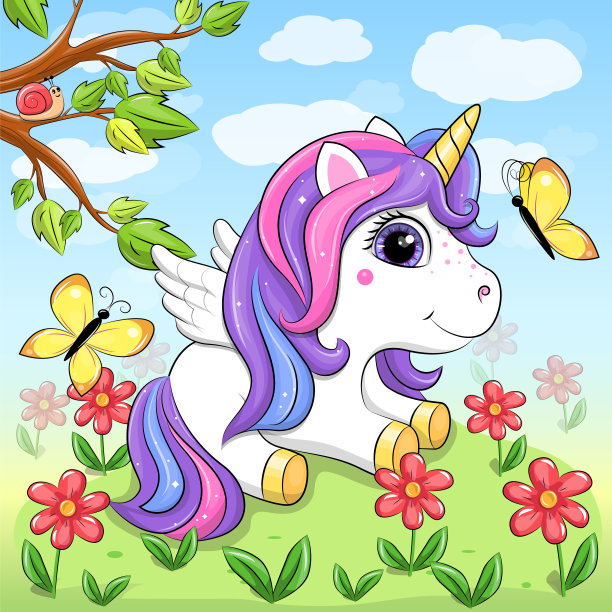 大自然中可爱的卡通微笑独角兽。图片下载