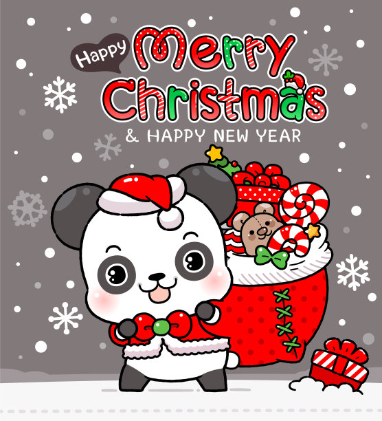 可爱的熊猫宝宝穿着圣诞老人的服装，在圣诞夜拿着一个红色的礼物袋图片下载