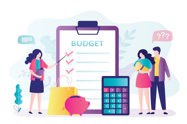 金融知识课程。一对刚生完孩子的年轻夫妇正在和会计讨论正确的种子预算问题。收入和费用的计算。资金管理，预算计划图片下载