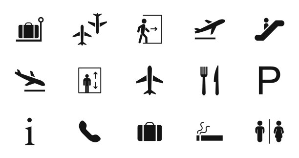 机场图标集。机场的迹象。图标机场服务。航站楼、离港、抵港、转机、值机、行李、问讯处、出口、餐厅、电梯、自动扶梯、厕所、停车场等。图片下载