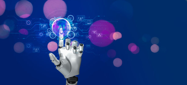 蓝色背景下机器人手部Ai网络接触的三维渲染图。图片下载