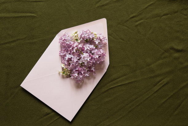 紫色礼物信封模型。丁香花在绿色的纺织品背景上。平躺，俯视图。母亲节快乐，婚礼，生日静物景。图片下载