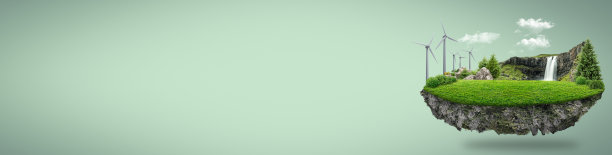 夏日的乡间小路和绿树。三维插图的一块绿色土地与风力涡轮机隔离，创意旅游和旅游越野设计。太阳能广告。横幅复制空间。图片下载