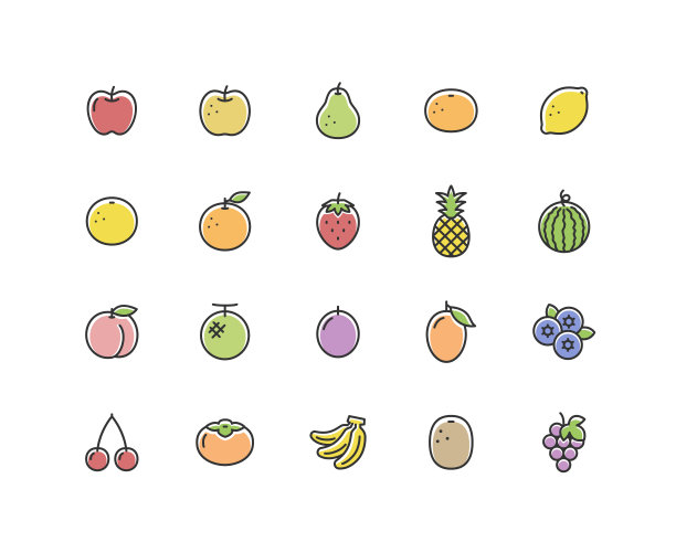 各种水果颜色图标集。图片下载