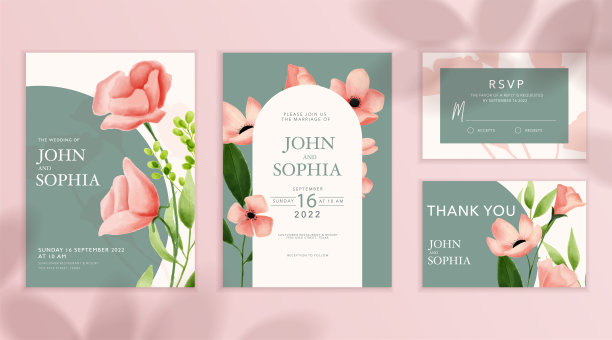 婚礼邀请卡集模板与美丽的粉红色花和树叶水彩在绿色的背景。图片下载