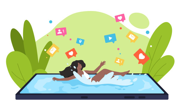 社交媒体上瘾的女人在手机屏幕上游泳，快乐的女孩漂浮图片下载