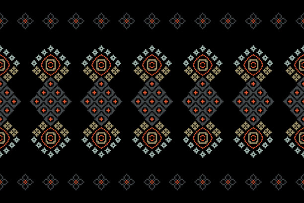 民族几何织物图案十字绣。伊卡特刺绣民族东方像素图案黑色背景。图片下载