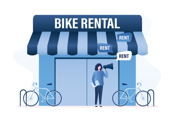 自行车出租。自行车停车。办理大厦自行车租赁、运输业务。当地的小生意。促销活动、销售。女性推广者使用扩音器。图片下载