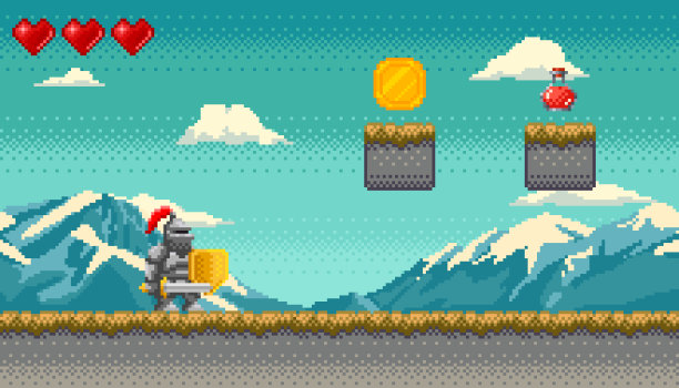 像素美术风格，骑士穿着盔甲，拿着剑和盾牌，背景是山和云。复古视频游戏像素化的场景与平台与草，硬币和药水瓶。矢量插图。图片下载