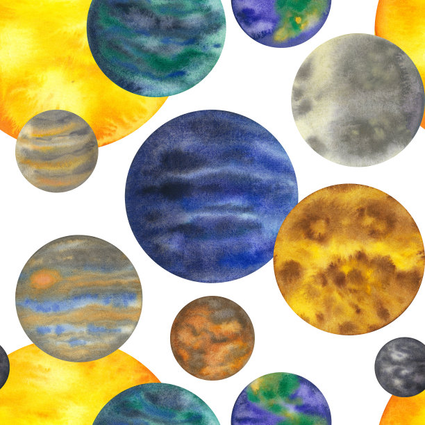 水彩无缝图案与太阳系的行星水星，金星，地球，火星，木星，土星，天王星，海王星，月球，太阳。背景与卡通星球和太阳。宇宙天文学插图。手绘孤立的白色图片下载