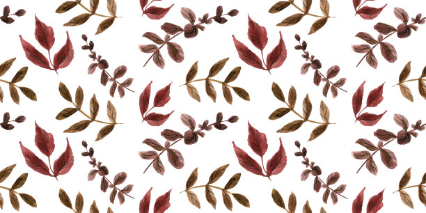 无缝秋季图案与明亮的花朵与叶子手绘水彩与黑色轮廓在白色的背景。图片下载