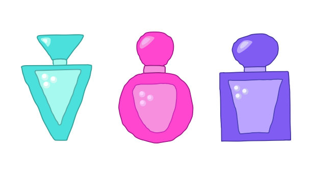 一套三个香水瓶在卡通和涂鸦的风格。图片下载