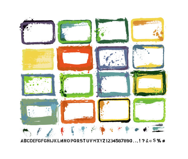 平面设计要点:绘制页面边界与真实扫描在纹理，画笔笔触，油漆滴和模板字母集。包括一个高分辨率的JPEG和一个分组矢量文件。图片下载