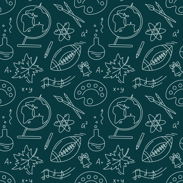 返校无缝图案与地球仪，枫叶，地球仪，橄榄球，笔记纸，化学瓶。矢量单色线素描图案在黑暗的背景图片下载
