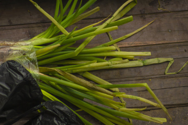 绿色的洋葱孤立在木制的背景上图片下载