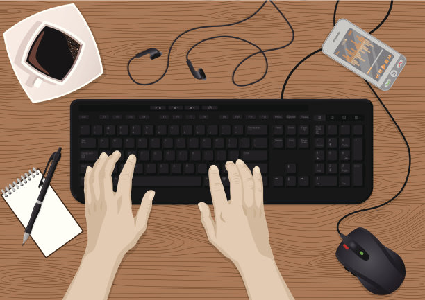 数字插图的桌子和手在键盘上打字图片下载