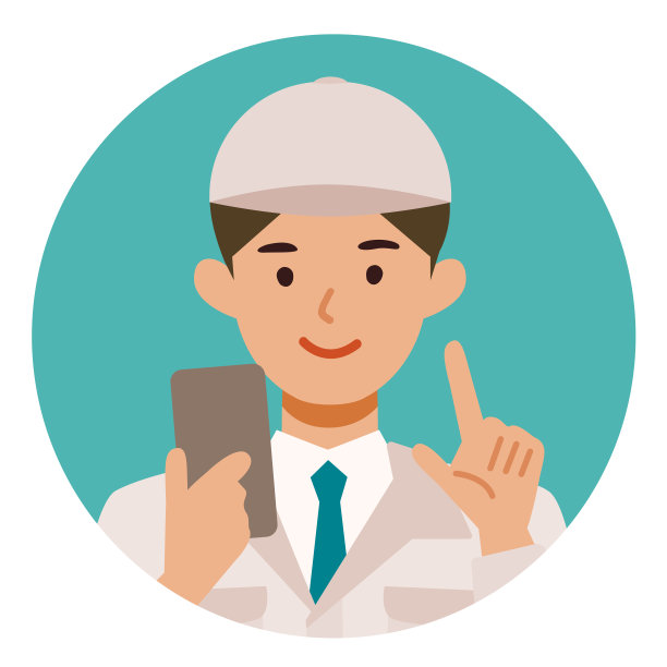 穿着工厂工人制服的男子。工厂工人的卡通人物。人们面对头像和图标。男子使用智能手机的特写图片。图片下载